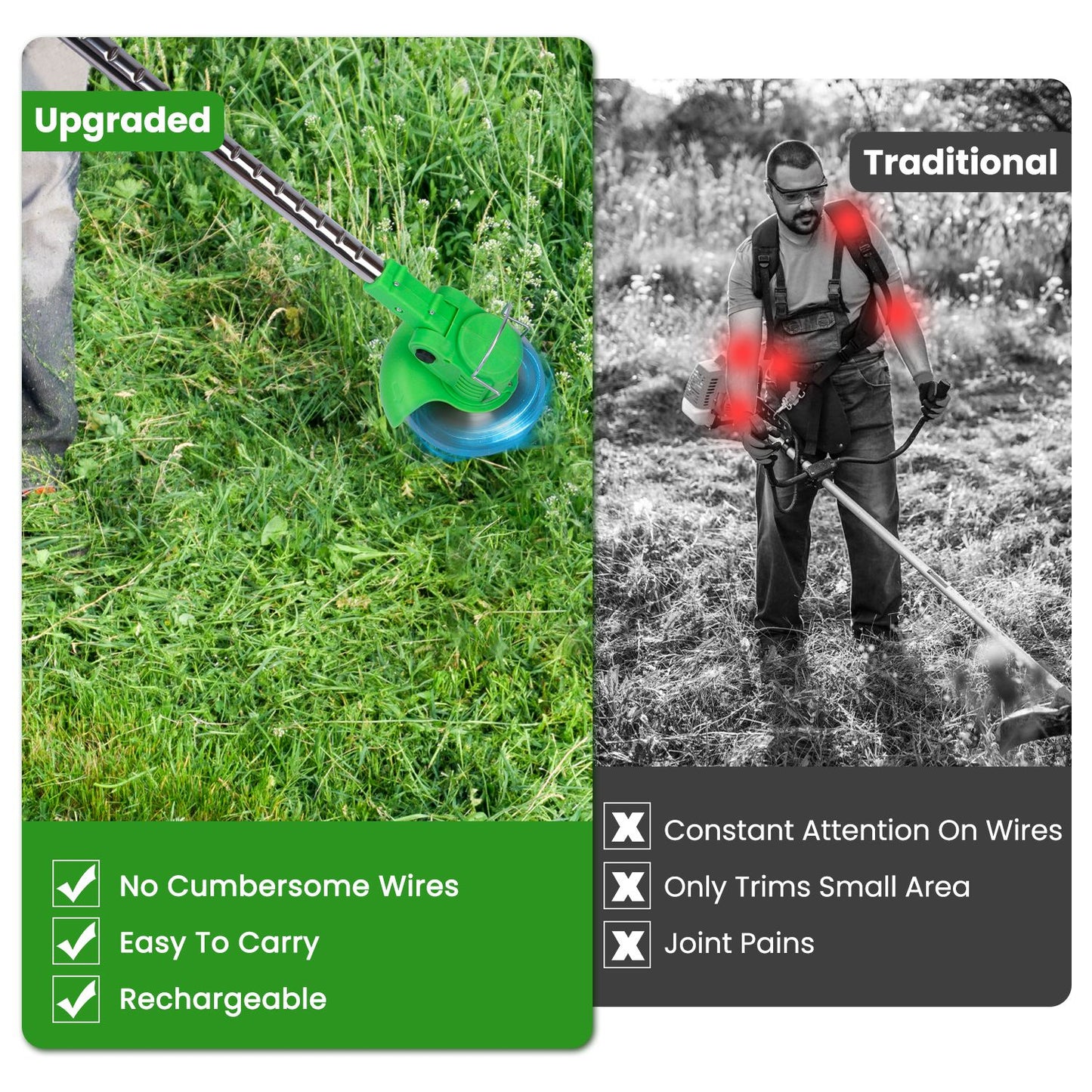 24V 300W Cordless Grass Trimmer Rechargeable Lawn Mower 18000M/Min Weed Cutter with Saw Blade 2 Stainless Steel Blades 10 Plastic Blades 2 Rechargeabl