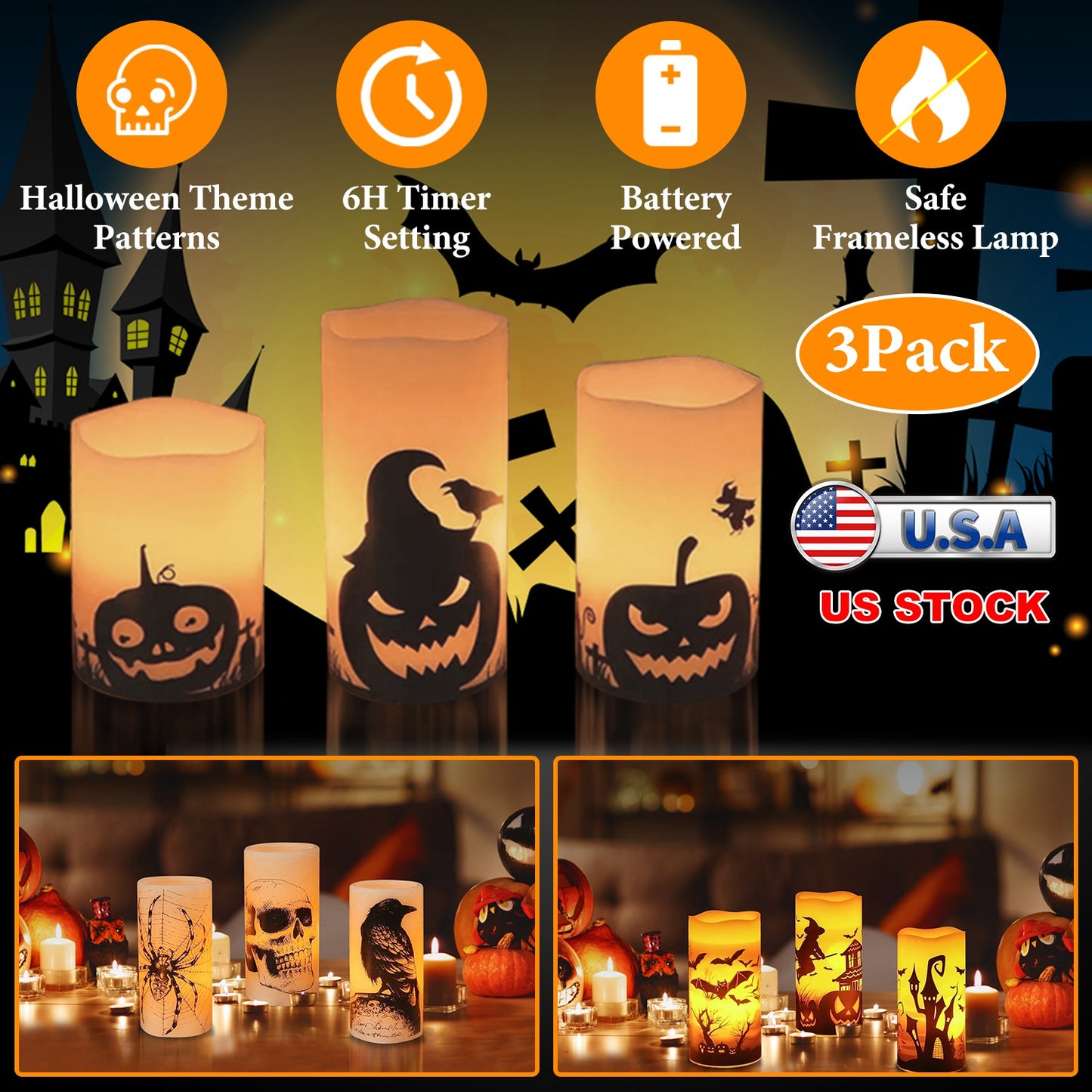 3 Pack Halloween Flameless Candle Lamp with Timer Setting Battery Powered Warm Orange Light Candles for Halloween Party Decoration Pumpkin Crow Bat