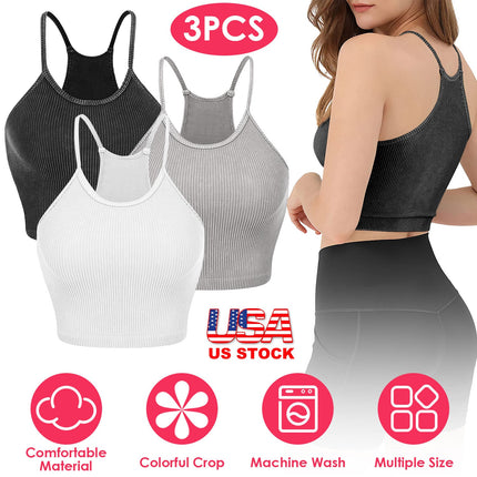 3 Pack Women Crop Basic Tank Top Ribbed Knit Sleeveless Round Neck 9 Color Machine Wash Summer Crop S to XL