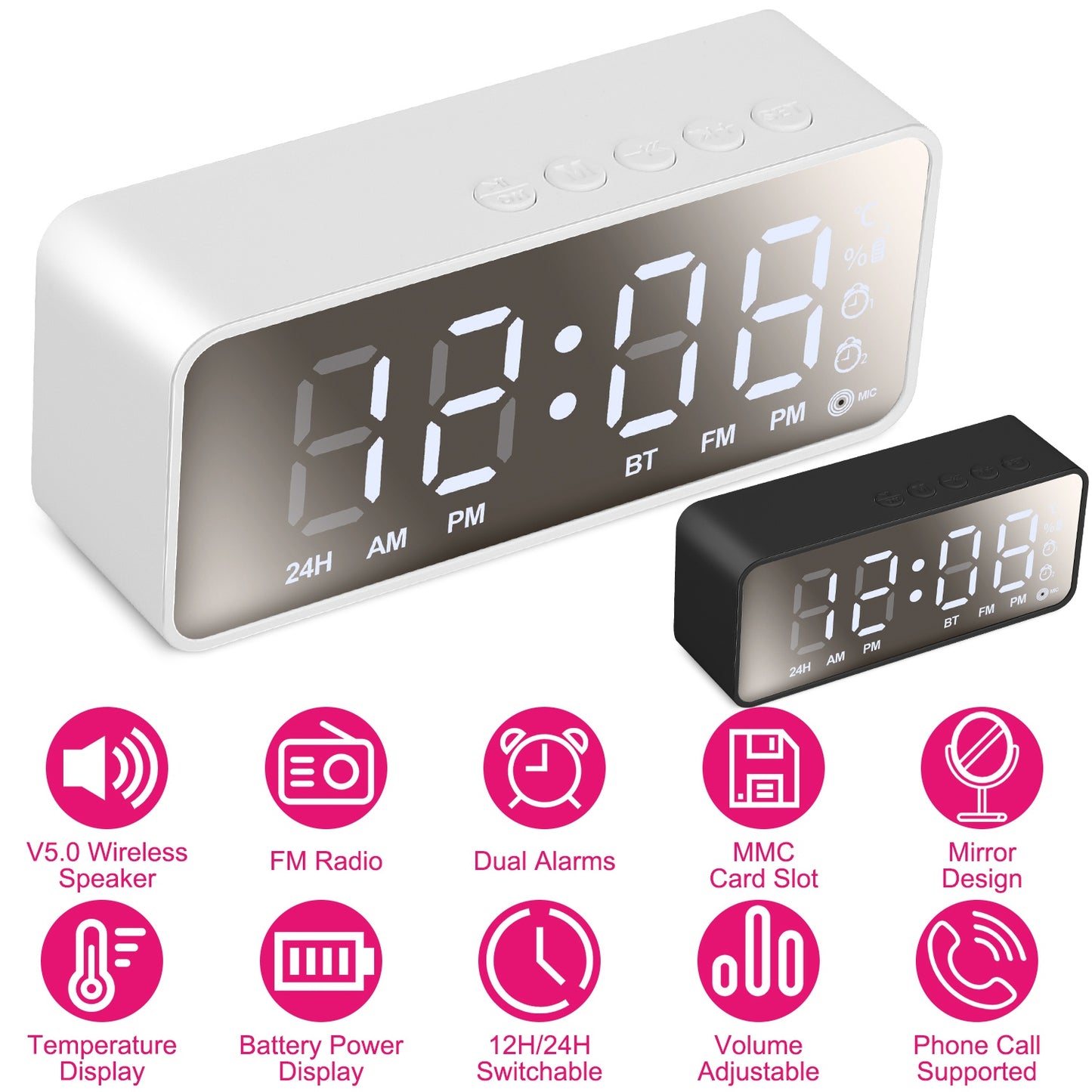 Mirror Digital Alarm Clock LED V5.0 Wireless Speaker Clock with FM Radio Temperature Display MMC Card Slot