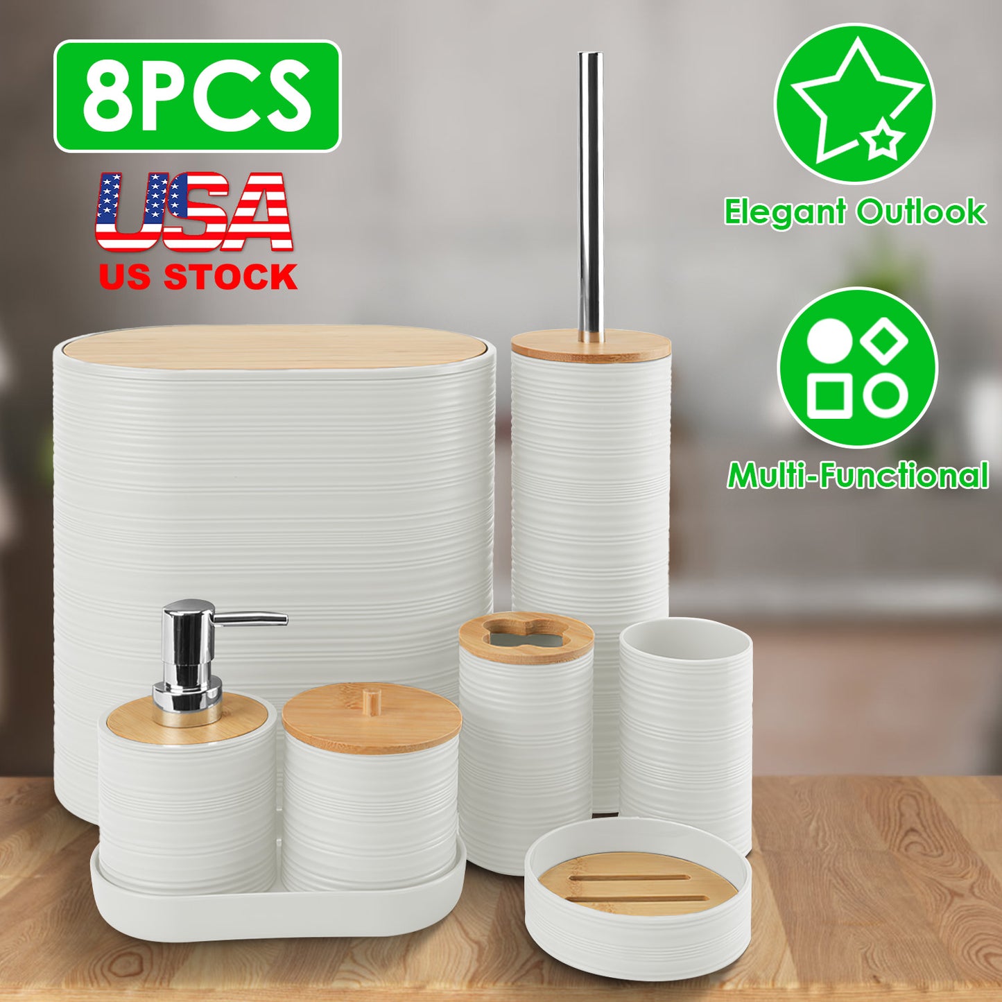 8Pcs Bathroom Accessories Set Bathroom Holder Set with Soap Dispenser Toothbrush Holder Cup Soap Dish Toilet Cleaning Brush Trash Can Qtip Holder Vani