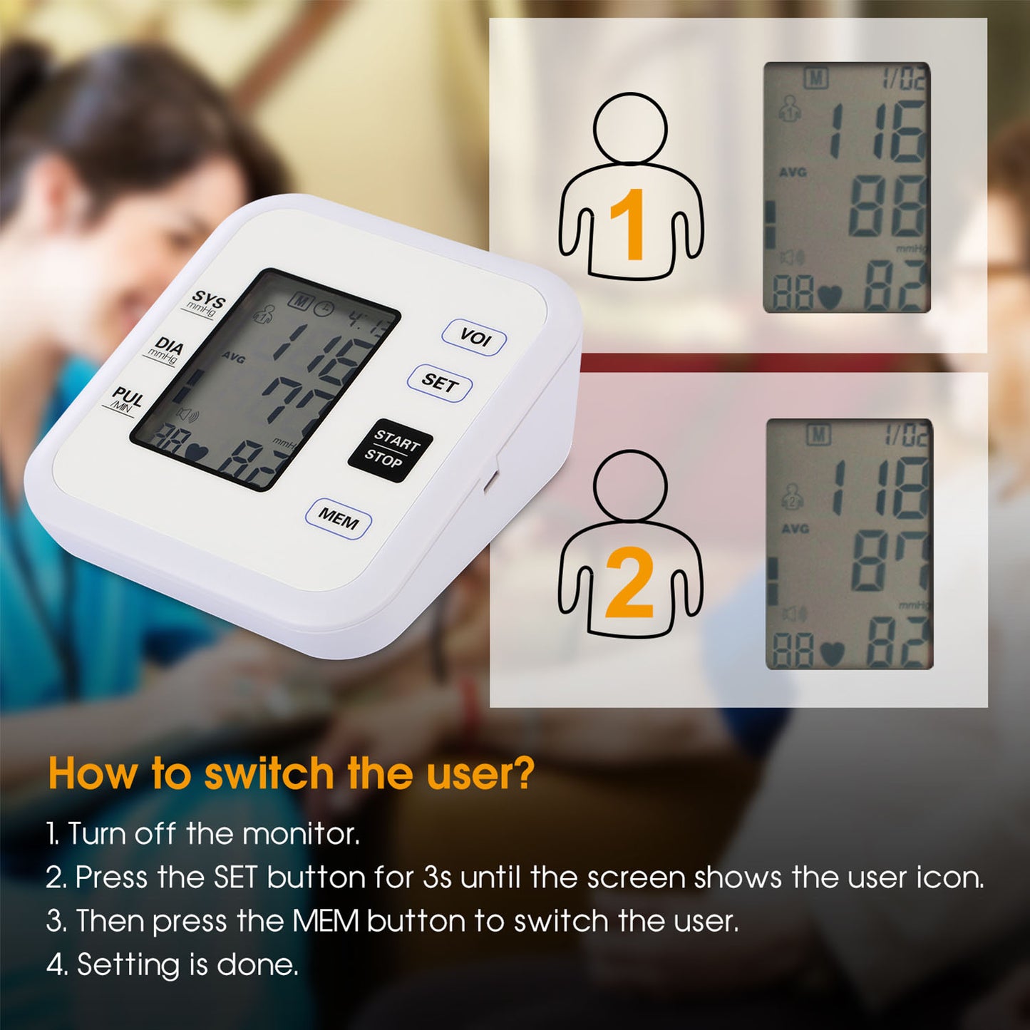 Arm Blood Pressure Monitor with Adjustable Cuff (8.7in-12.6in) Irregular Heartbeat Detector Voice Broadcast 2UsersÊ99 Memories LCD Display CE FDA Appr