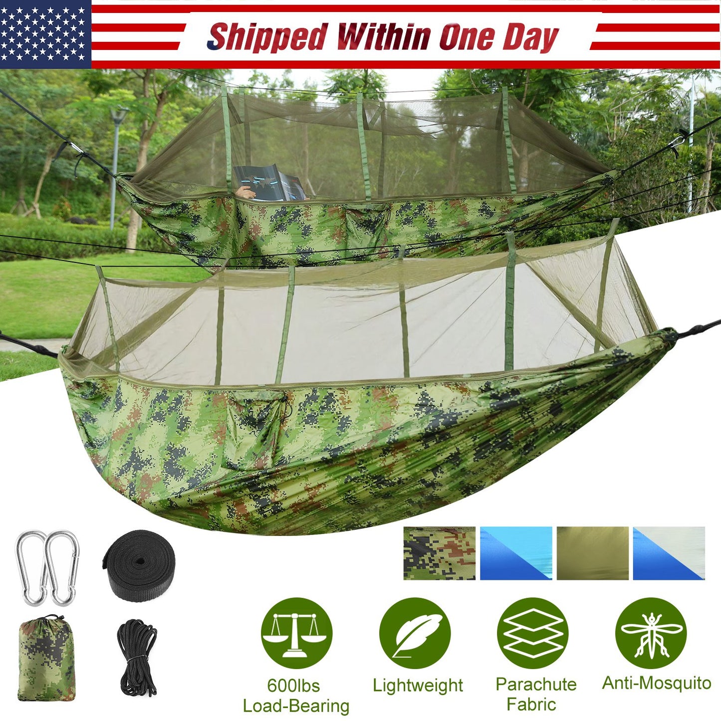 600lbs Load 2 Persons Hammock w/Mosquito Net Outdoor Hiking Camping Hommock Portable Nylon Swing Hanging Bed w/ Strap Hook Carry Bag
