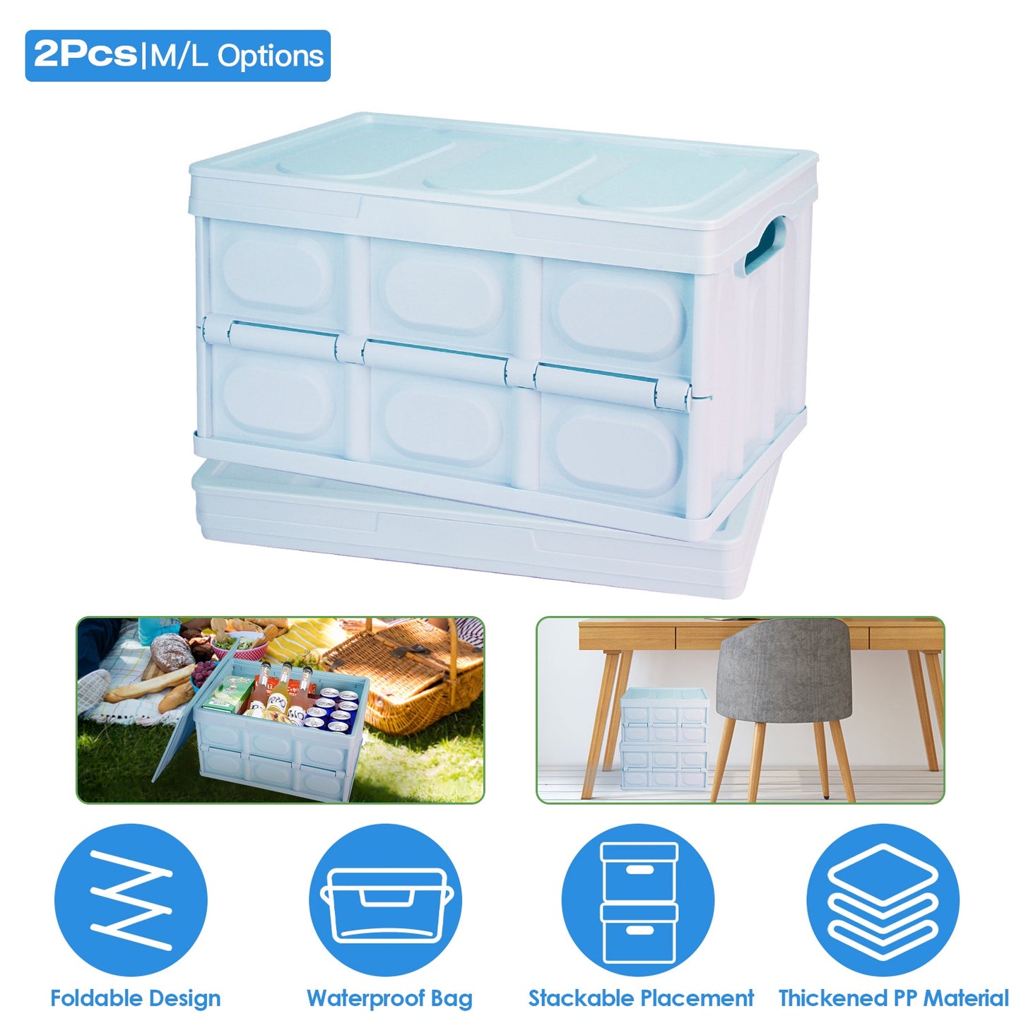 2Pcs 30L Collapsible Storage Bins With Dustproof Lid Waterproof Interior Bag Handle Stackable Storage Box Container Utility Organizer Crate For Campin