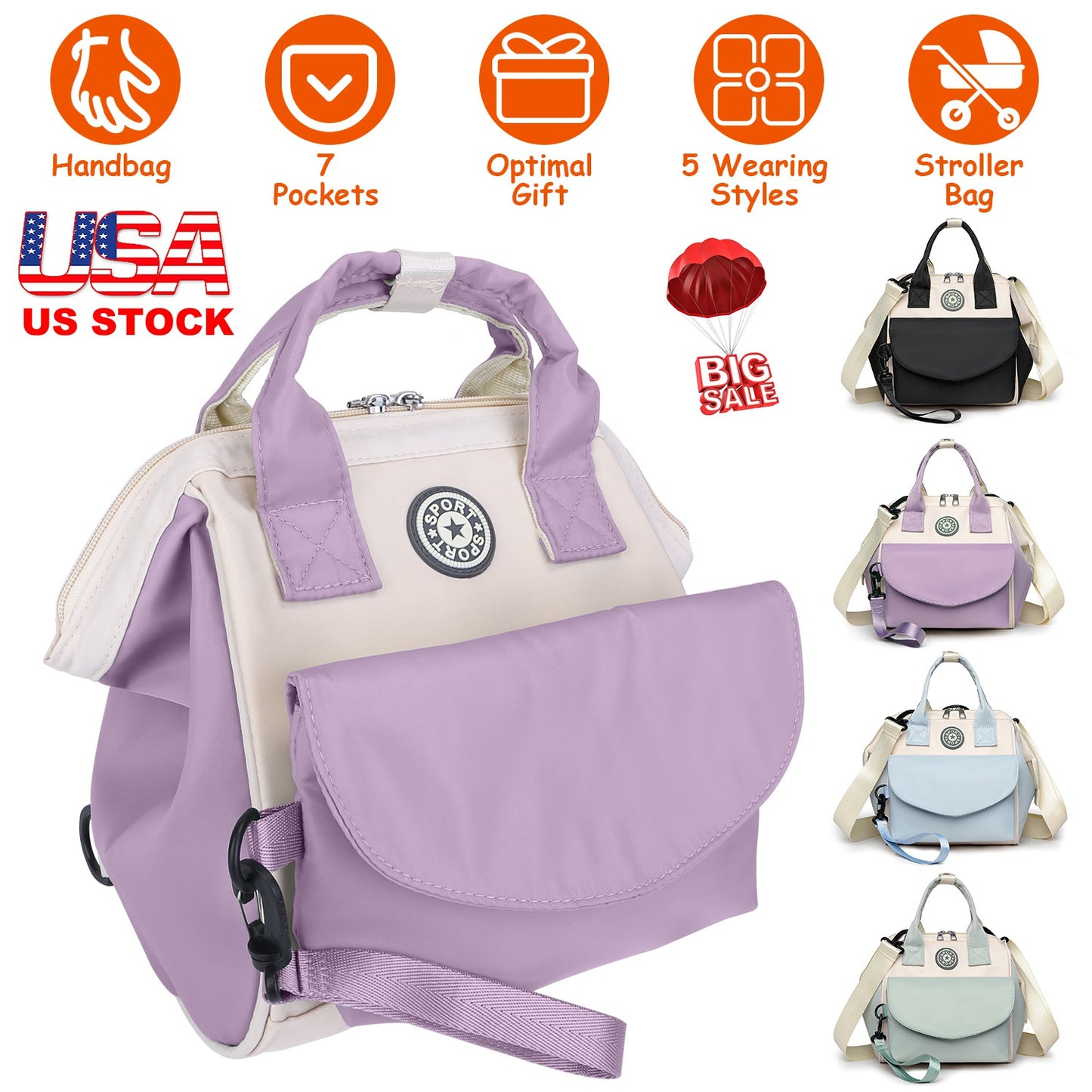 Baby Nappy Diaper Bag with 6 Pockets Burp Cloth Adjustable Shoulder Strap Detachable Small Bag Multifunctional Diaper Changing Bag with 2 Insulated Po