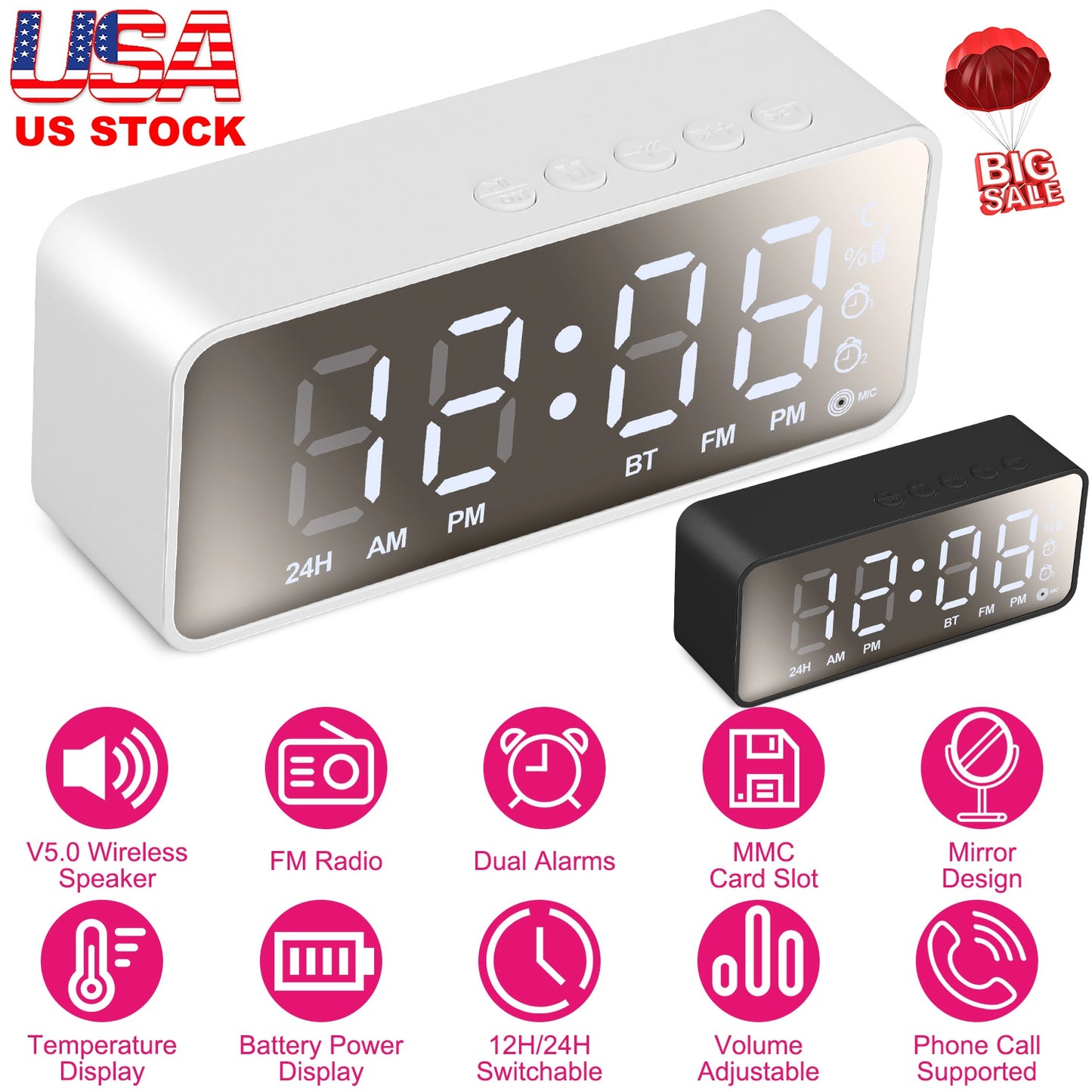 Mirror Digital Alarm Clock LED V5.0 Wireless Speaker Clock with FM Radio Temperature Display MMC Card Slot