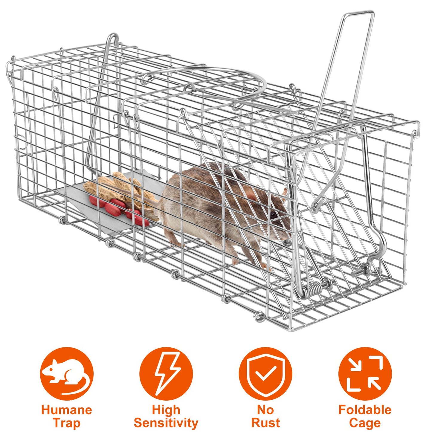 Foldable Rat Trap Cage Humane Live Rodent Trap Cage Galvanized Iron Mice Mouse Control Bait Catch with Detachable L Shaped Rod