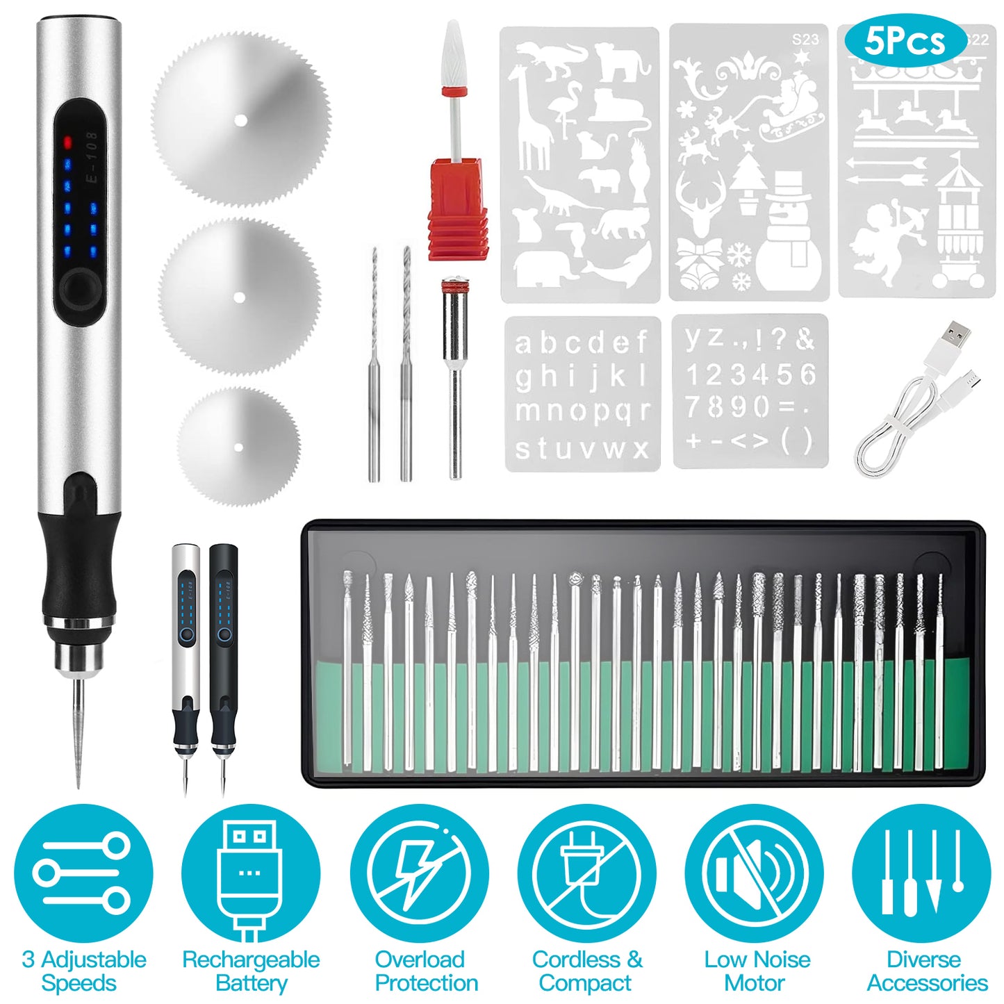 Electric Engraving Pen with 33Pcs Burr Bits 5Pcs Stencils 3 Gears Speed Rechargeable Cordless Professional Engraver Etching Machine For Jewelry Glass