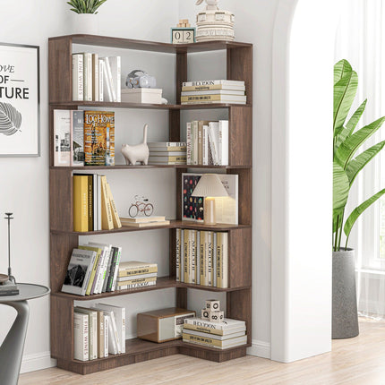 5-Tier L-Shaped Corner Bookshelf with 6 Open Shelves