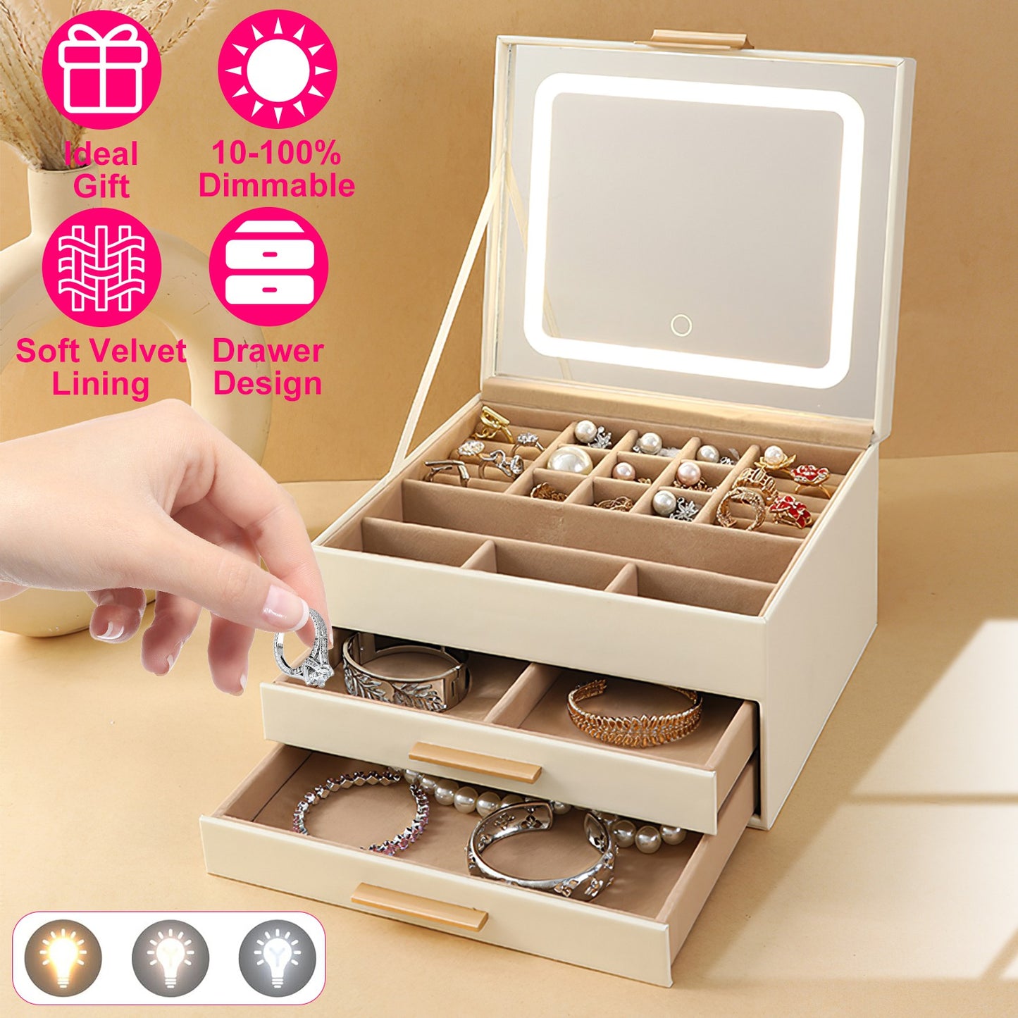 Jewelry Box with LED Mirror 3-Layer Jewelry Organizer with 2 Drawers PU Jewelry Holder with 3 Mirror Light Colors Dimmable for Earrings Rings Bracelet