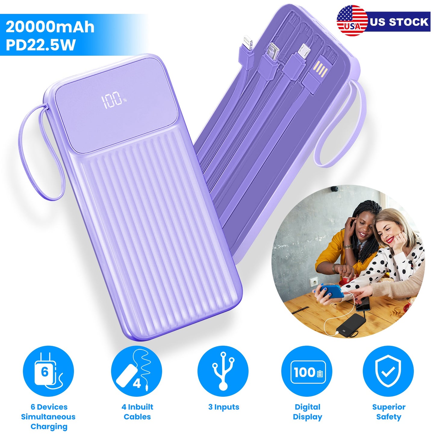 PD22.5W Fast Charger 20000mAh Fast Charging Power Bank Portable Charger with 4 Inbuilt Cables Digital Display Handle Fit For IOSPhone 15/14 Android An