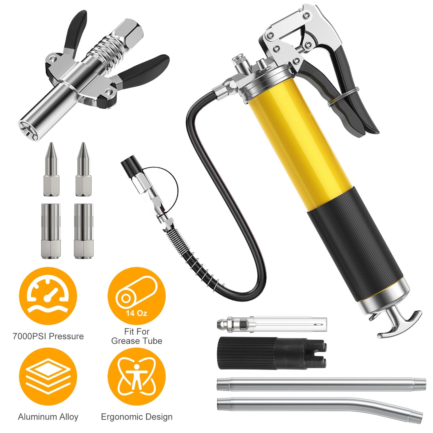 Grease Gun Kit Fit for 14 Oz Grease Tube 7000 PSI High Pressure Pistol Grip Grease Gun with Lock Coupler 11.8Ó Spring Flex Hose Jaw Couplers Sharp Noz