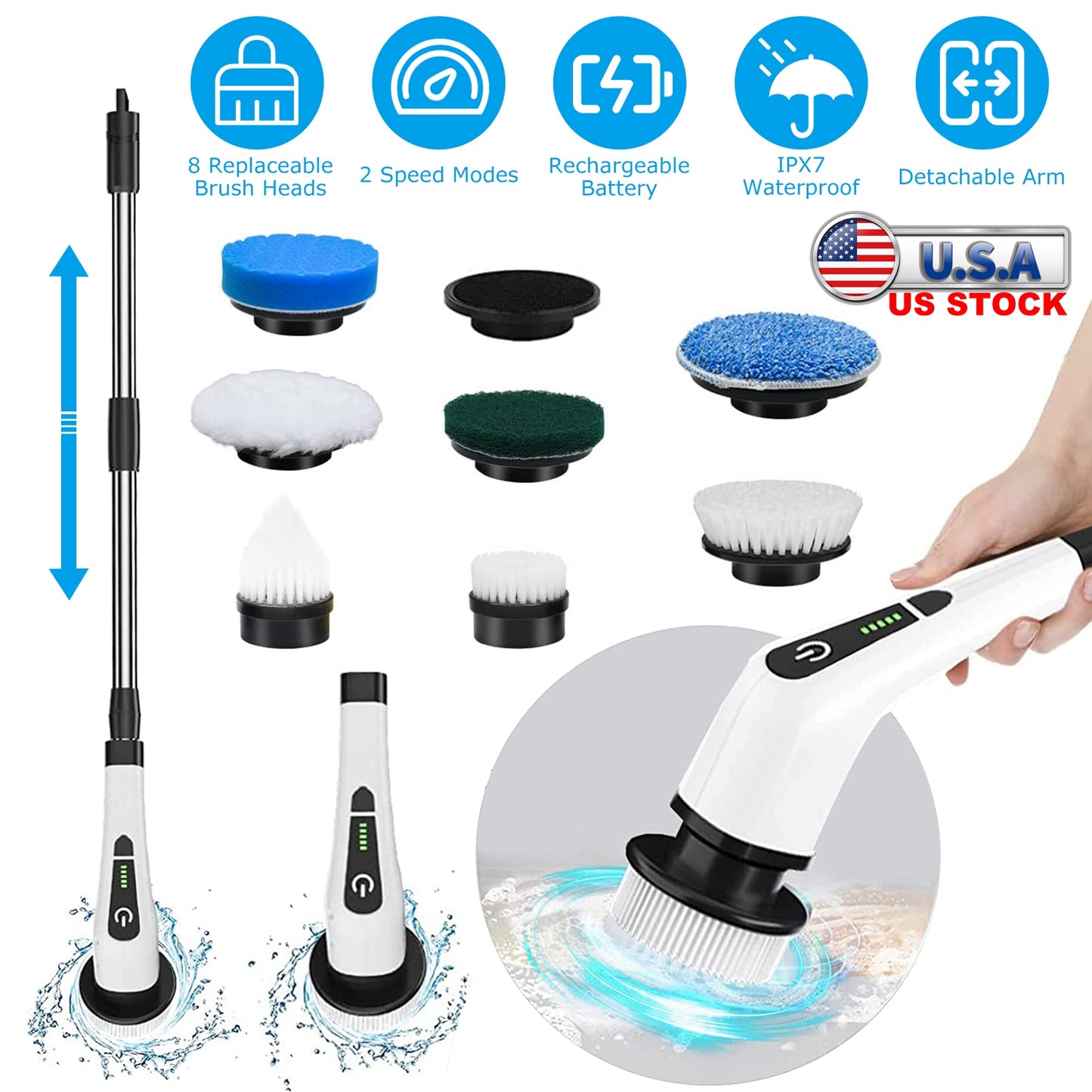 Electric Spin Scrubber Cordless Rechargeable Telescopic Cleaning Brush 8 Replaceable Heads 2 Speed Adjustable Extension Arm Bathroom Tub Tile Floor