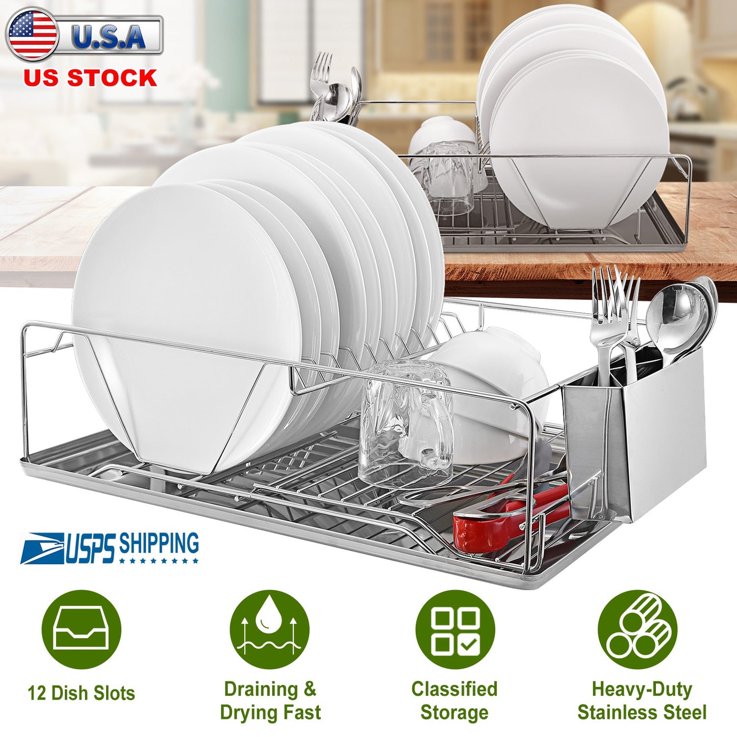 Dish Drying Rack Stainless Steel Dish Rack w/ Drainboard Cutlery Holder Kitchen Dish Organizer