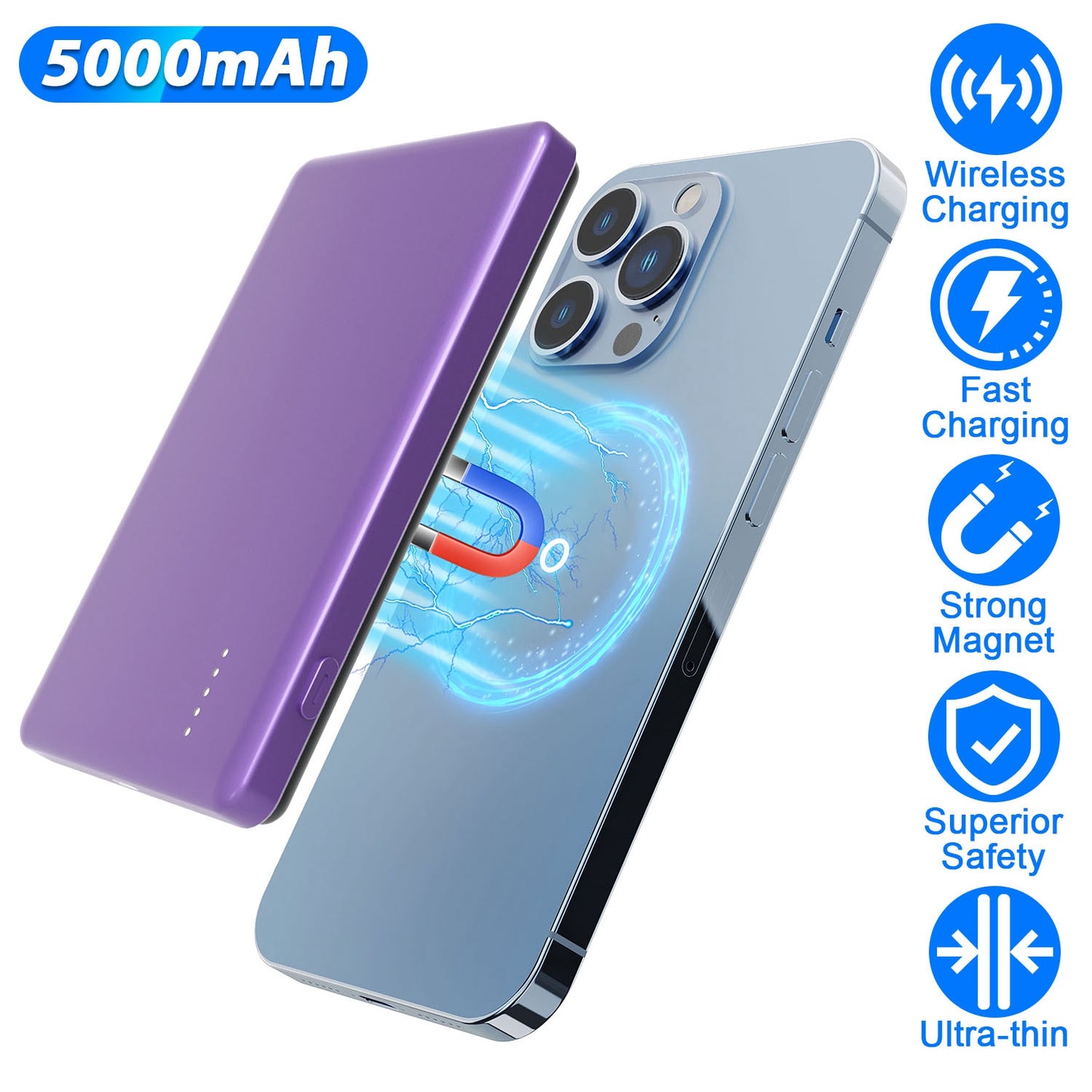 2 In 1 5000mAh 8MM Slim MagSafe Wireless Power Bank PD20W Magnetic Fast Charger Portable Phone Charger Fit for IOS Phone 15 14 13 12 Series And More