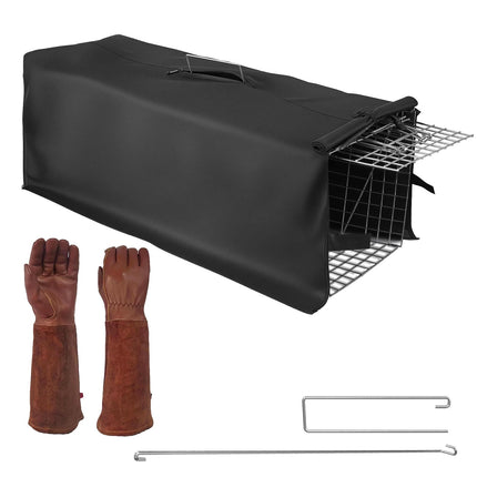 Humane Cat Trap Cage With Waterproof Cover Gloves Catch Release Live Animal Rodent Cage Collapsible Galvanized Wire for Raccoons Beavers Groundhogs Fo