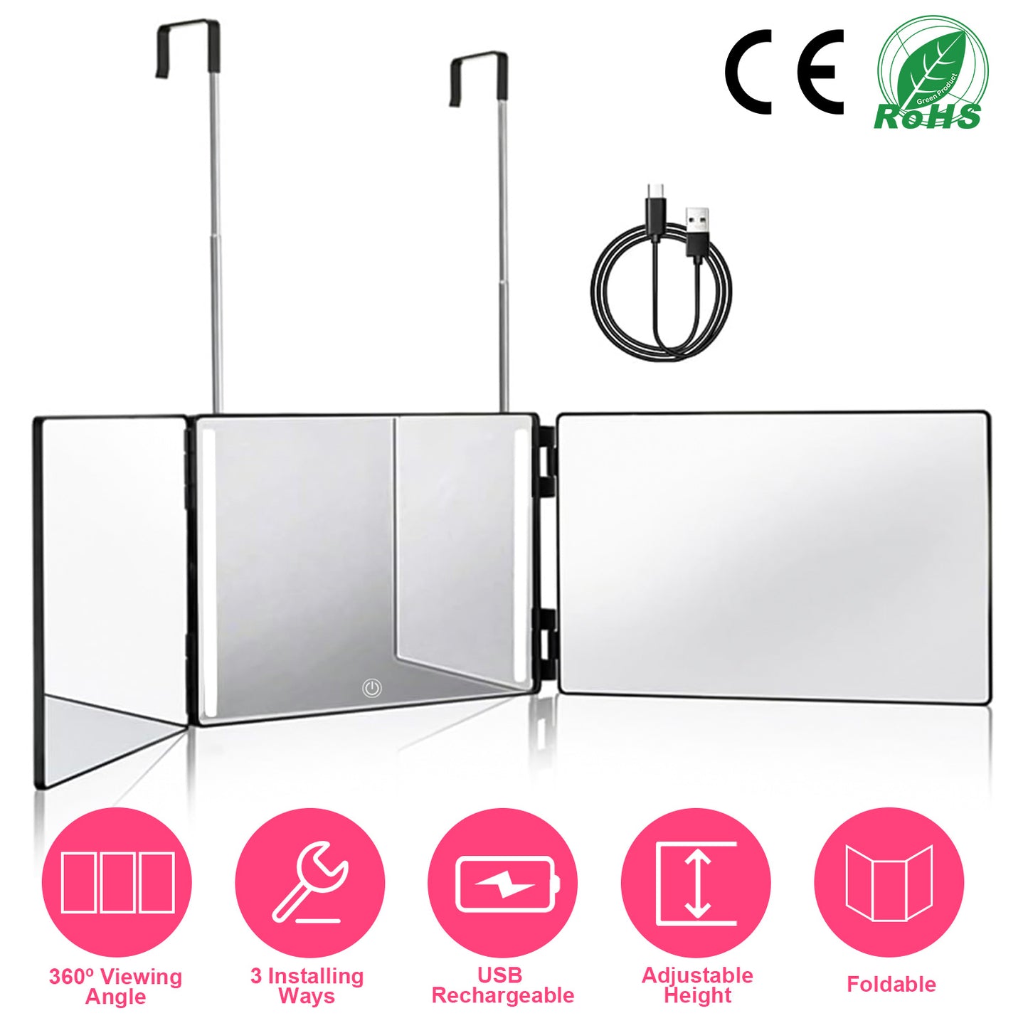 3 Way Mirror with LED Telescopic Hanger Tri-fold Mirror Personal Makeup Mirror with Micro USB Cable for Self Shaving Hair Cutting Dyeing Curling Braid