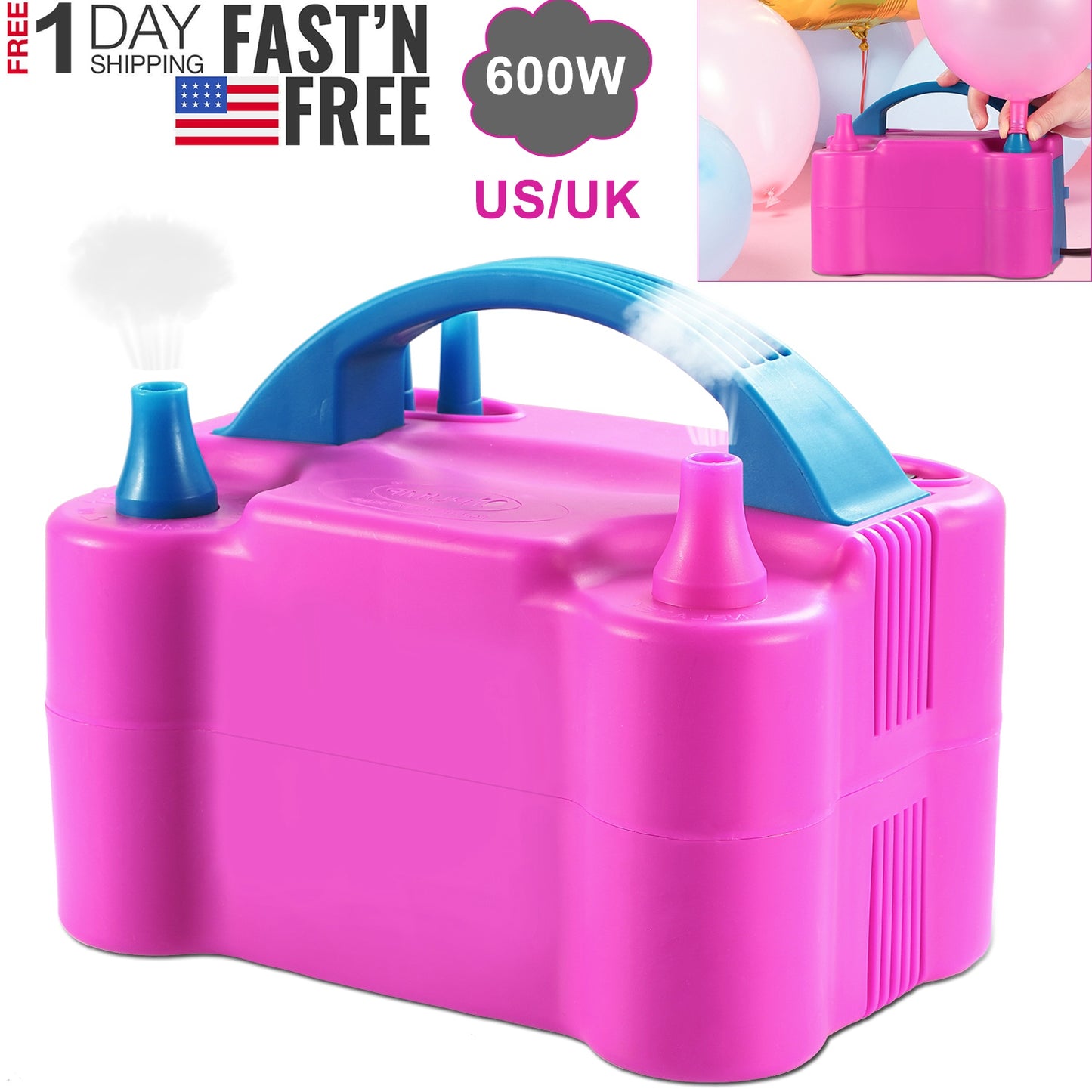 Electric Balloon Pump 600W Balloon Blower Inflator Dual Nozzle for Party Wedding Festival Decoration US/UK