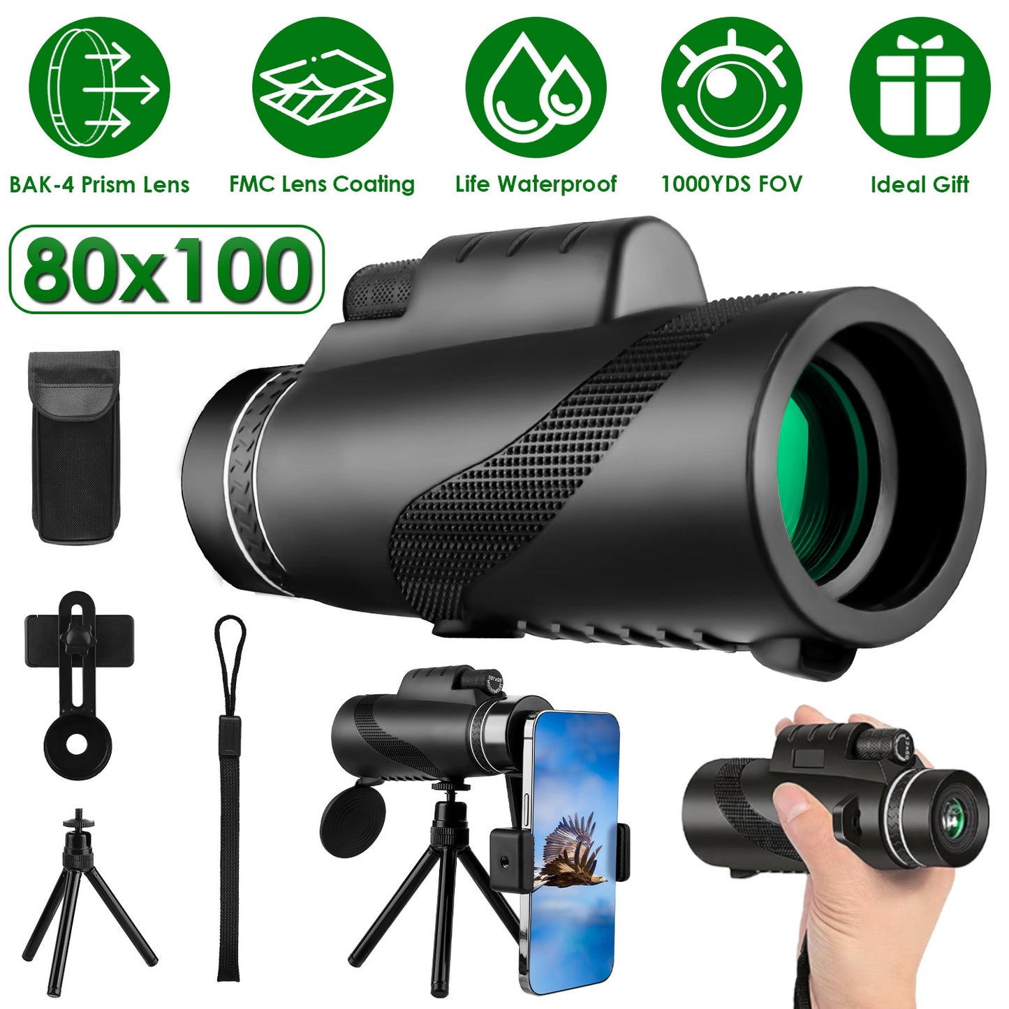 80x100 HD Monocular Telescope for Adults BAK-4 Prism High Power Monocular for Smartphone with FMC Lens Phone Adapter Tripod Case for Bird Watching Hun