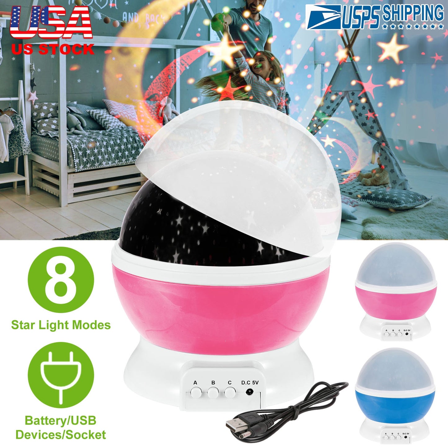 LED Star Sky Projector Night Light Kids Rotating Starry Night Lamp USB Sleep Light Xmas Gift