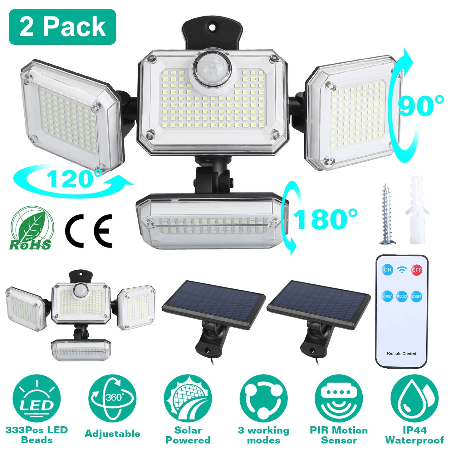 2 Pack Solar Powered Wall Lights IP44 Waterproof Motion Sensor Lamps with Separate Solar Panel 4 Adjustable Heads 333Pcs Beads 120¡ Sensing Angle Remo