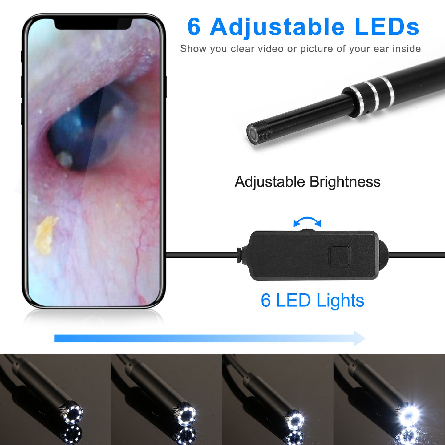 Ear Endoscope Otoscope Visual Earpick Ear Cleaning Camera Ear Wax Removal Tool IP67 Waterproof 3 in 1 Borescope w/ 6 Adjustable LED for Android
