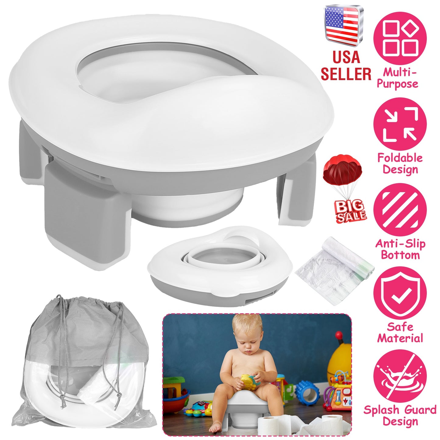 Portable Toddler Potty Toilet Foldable Potty Training Seat Cover with Splash Guard Include Storage Bag 20Psc Potty Bags Baby Toilet Trainer for Indoor