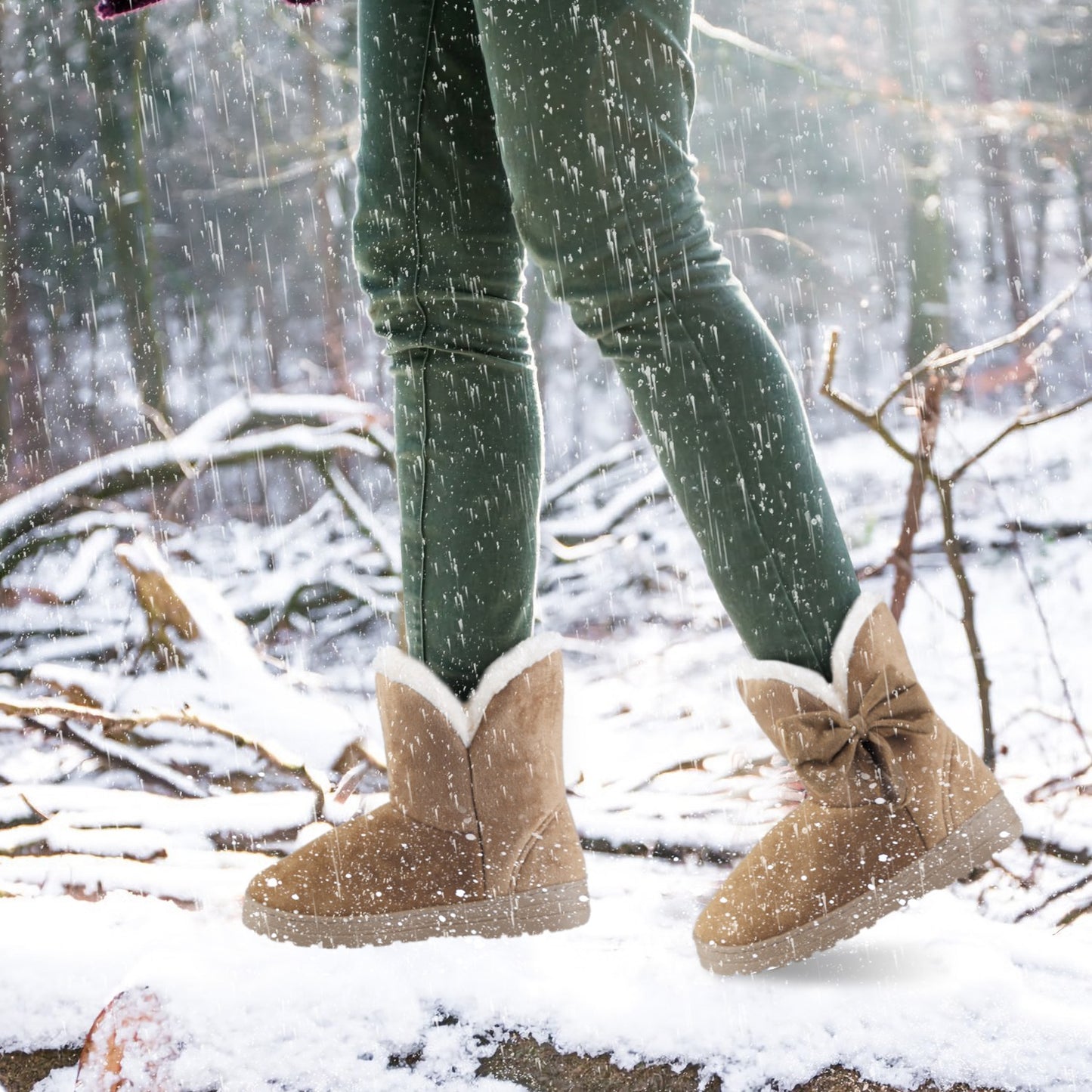 Women Ladies Snow Boots Super Soft Fabric Mid-Calf Winter Shoes Thickened Plush Warm Lining Shoes w/ Anti-slip Rubber Base Bowknot