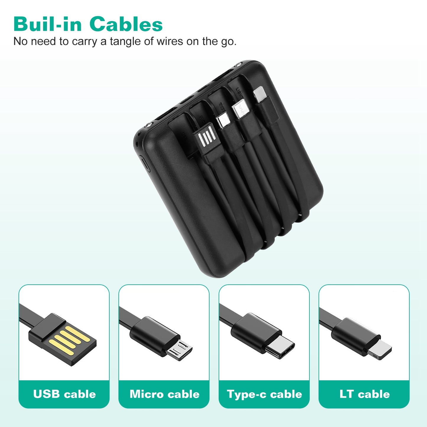 10000mAh Portable Charger Power Bank External Battery Pack w/ 4 Built-in Cables w/ LED Flashlight