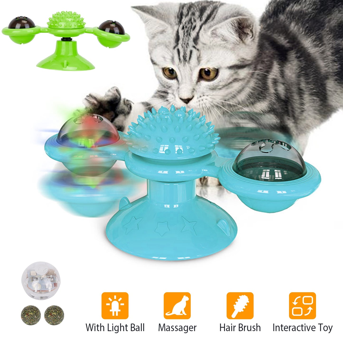 Windmill Cat Toy Turntable Interactive Teasing Pet Toy Wall Mount Turning Tickle Scratch Hair BrushÊCat Toy with Catnip Light Ball