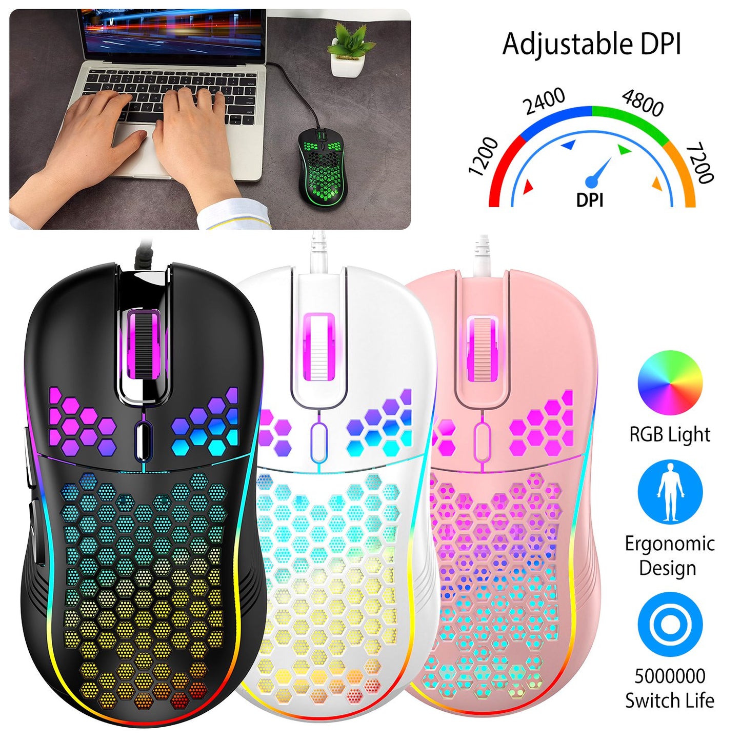Wired Gaming Mouse 7200 DPI Laptop Optical Mouse Honeycomb Lightweight  Mouse with 4 Adjustable DPI Levels 7 Changeable Colors 6 Keys