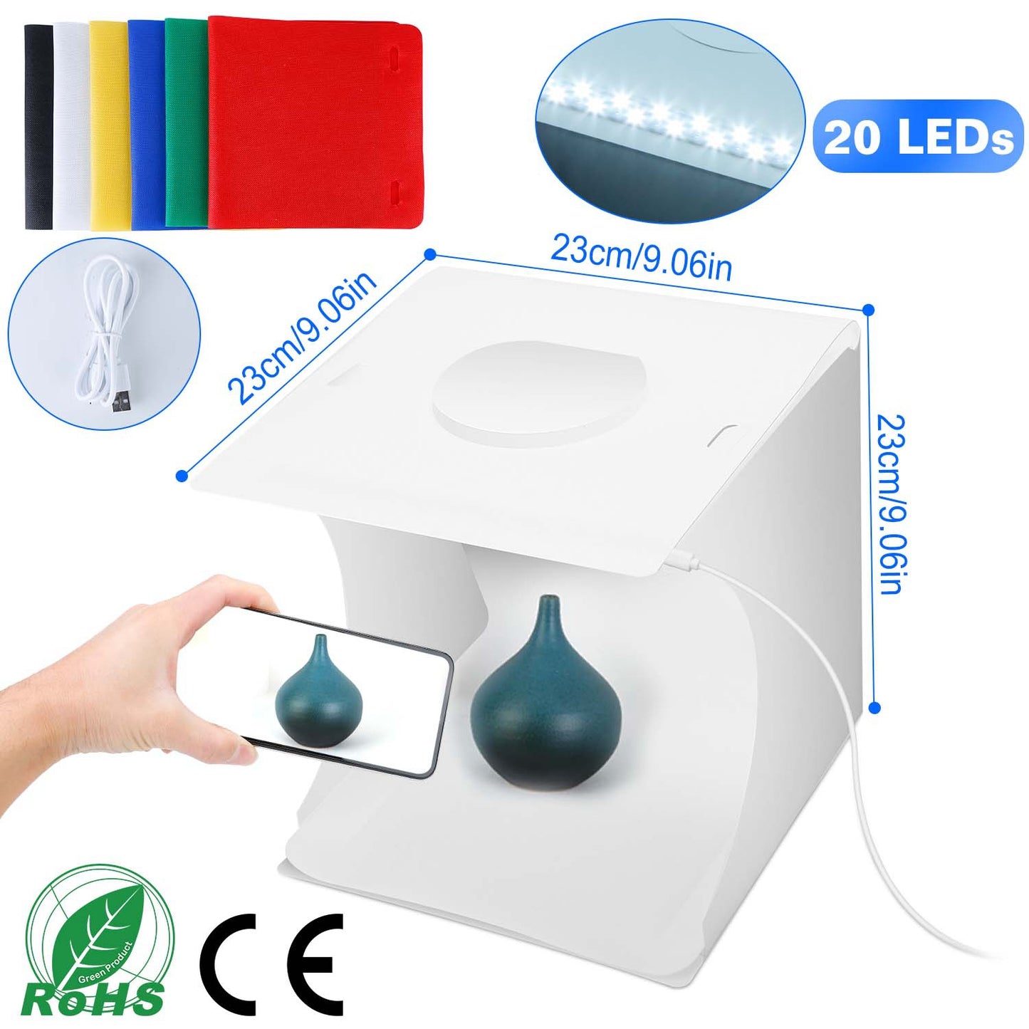 Mini Photo Studio Box Photography Shooting Light Tent Kit Foldable LED Light Box Kit W/ 6 Color Backdrops 20LED Beads