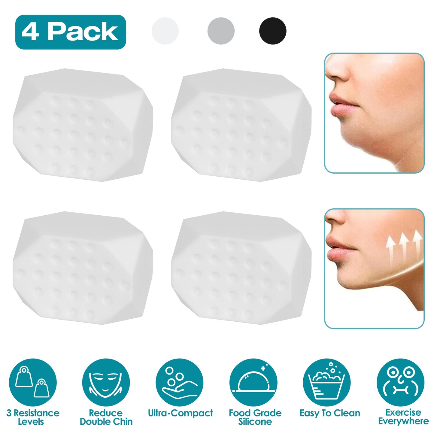 4 Pack Jawline Exerciser for Men Women Jaw Trainer Shaper Sagging Skin Double Chin Reducer with 3 Resistance Levels for Beginners Intermediate Expert