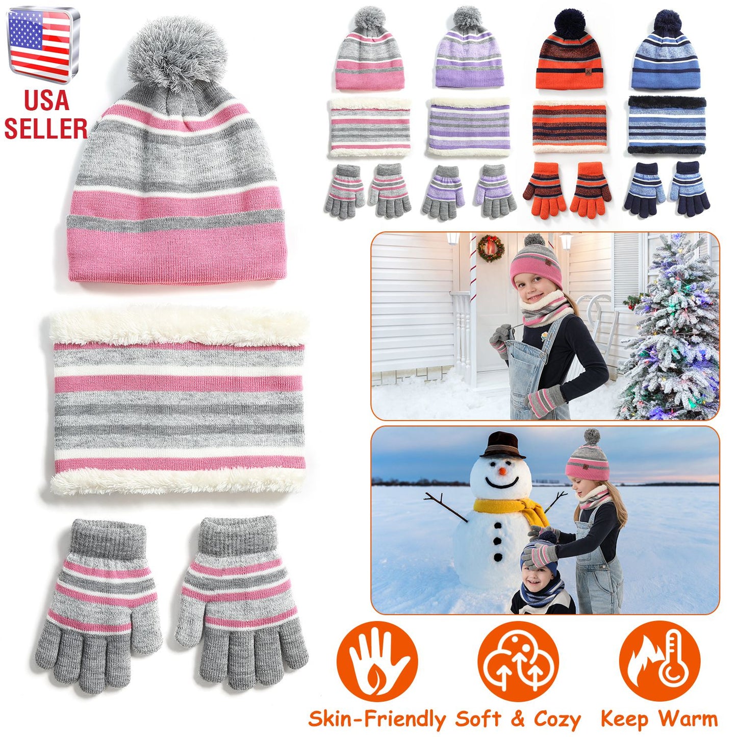 Winter Kids Knitted Hat Scarf Gloves 3Pcs Boys Girls Winter Warm Beanie Hat and Glove Scarf Set Beanie Neck Warmer Mittens for 4-7-Year-Old Kids