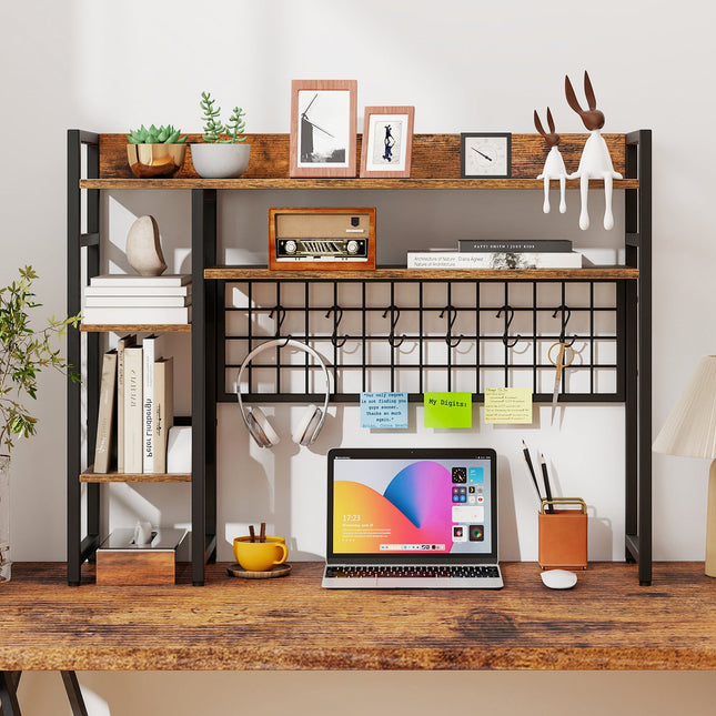 4-Tier Desk Shelf Desktop Display Rack with Metal Grid Panel and 6 Hooks