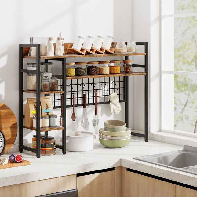 4-Tier Desk Shelf Desktop Display Rack with Metal Grid Panel and 6 Hooks