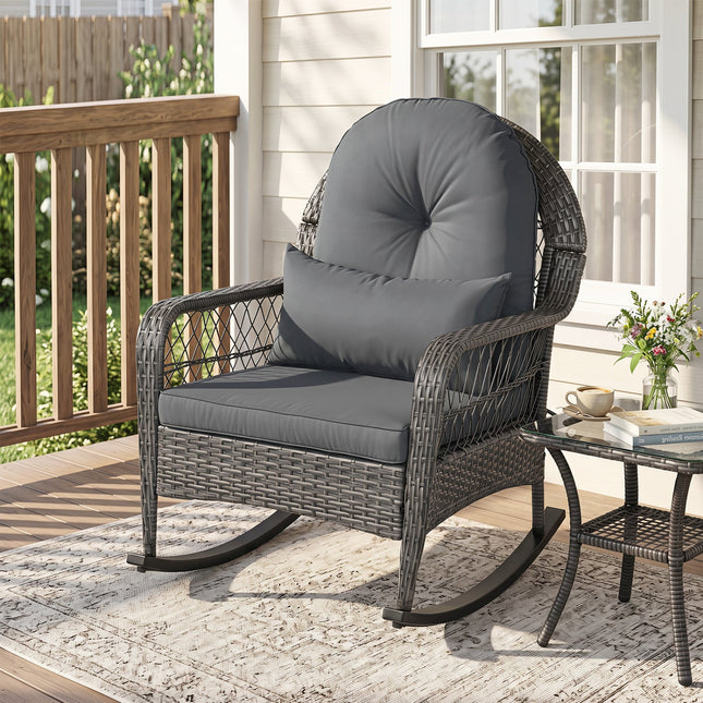 Patio Rattan Rocking Chair with Cushions - 400 LBS Capacity