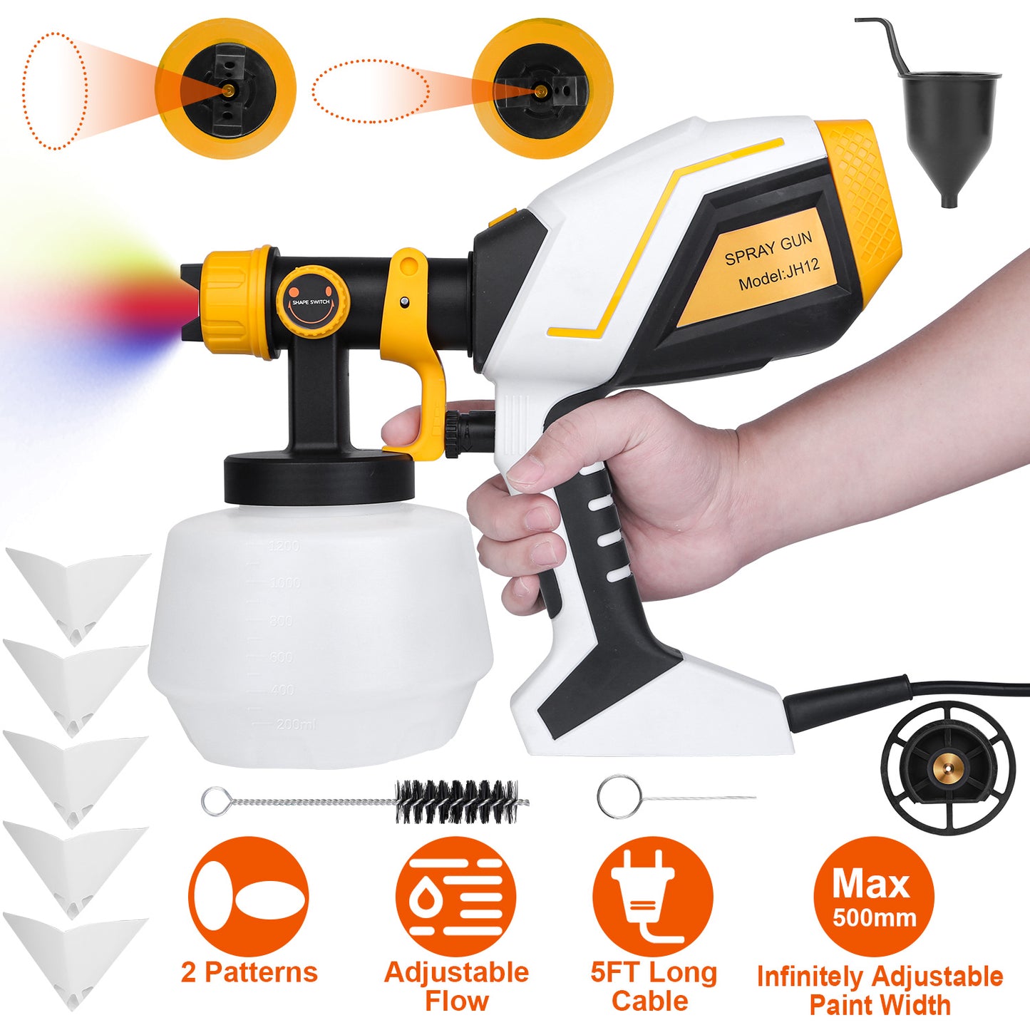 Electric Paint Sprayer HVLP Spray Painting Gun Handheld Painter with Different Spray Patterns 1200ML Detachable Container Flow/Length/Width Adjustable