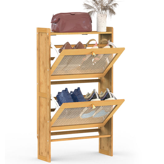 2-Tier Shoe CabinetÊwith 2 Flip Drawers Slim Bamboo Shoe Rack Freestanding Narrow Shoe Organizer with 44lbs Max Load for Entryway Hallway