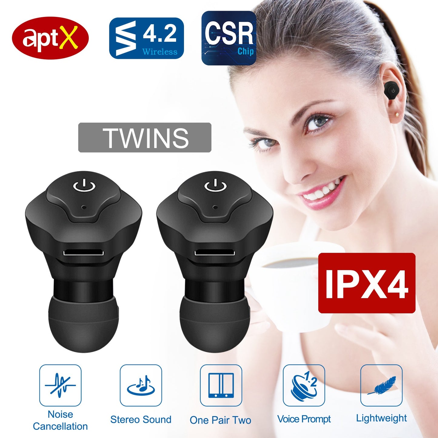 True Wireless Earbuds CSR V4.2 In-ear Stereo Headsets IP44 Waterproof Apt-X TWS Headphones Noise Cancelling w/ Mic for Business Driving Walking