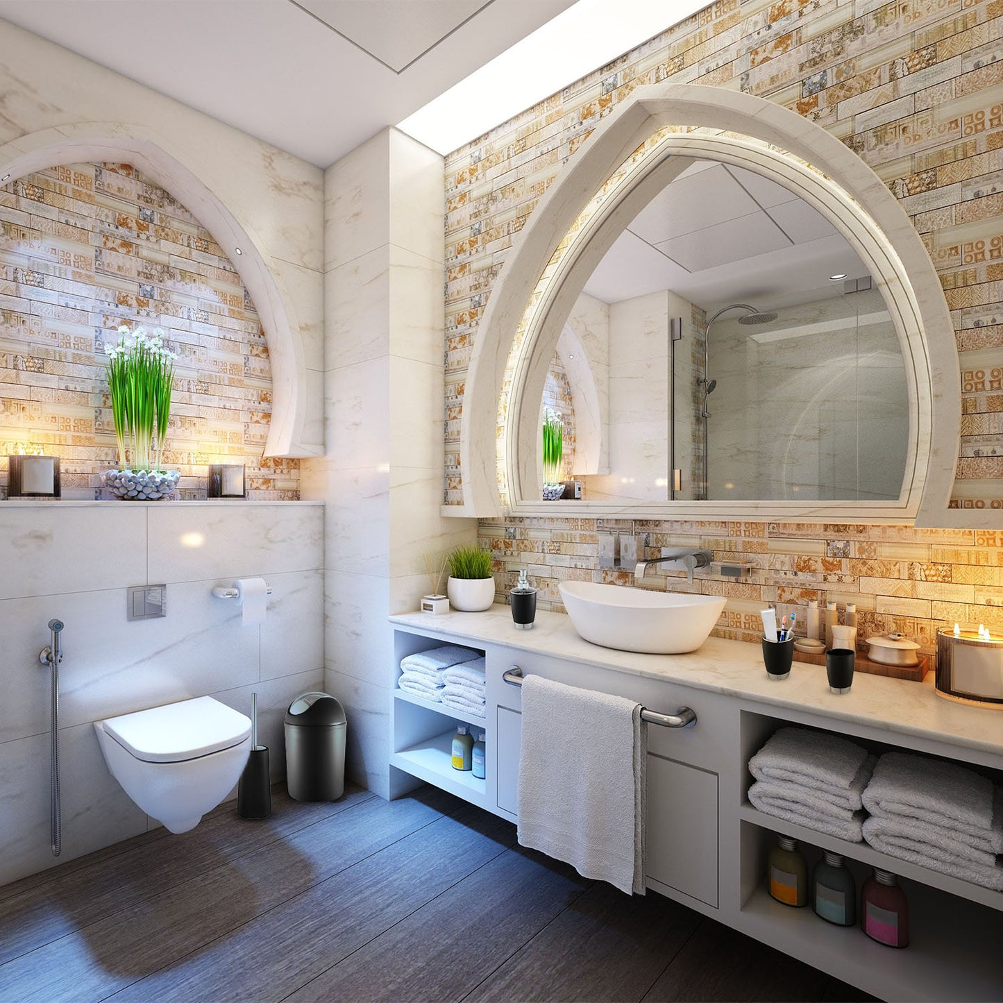 Bathroom Accessories Set 6 Pcs Bathroom Set Ensemble Complete Soap Dispenser Toothbrush Holder Tumbler Soap Dish Toilet Cleaning Brush Trash Can