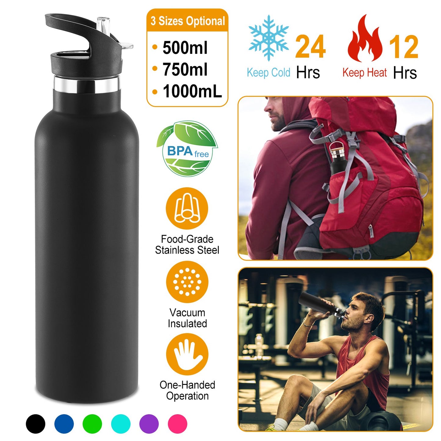 Sports Water Bottle Stainless Steel Vacuum-Insulated Drinking Cup w/ Straws Outdoor Cycling Hiking