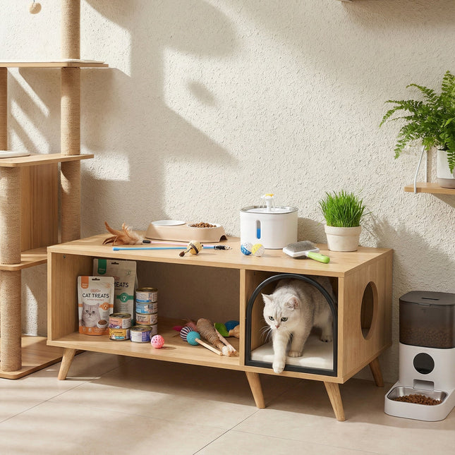 40 Inch Coffee Table Cat House 2-in-1 Wooden Kitten Furniture with Open Storage Shelf-Natural