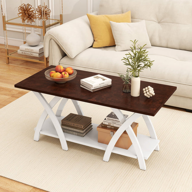 40 Inch Farmhouse Wooden 2-Tier Coffee Table with Storage Shelf for Living Room-Walnut