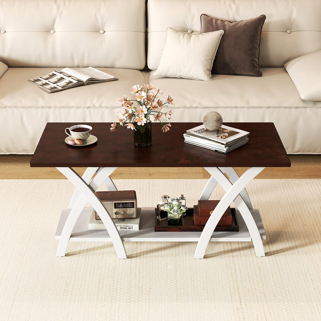 40 Inch Farmhouse Wooden 2-Tier Coffee Table with Storage Shelf for Living Room-Walnut