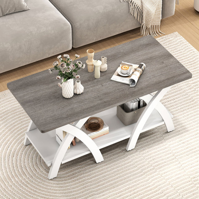 40 Inch Farmhouse Wooden Coffee Table with Storage Shelf with X-shaped Legs-Gray