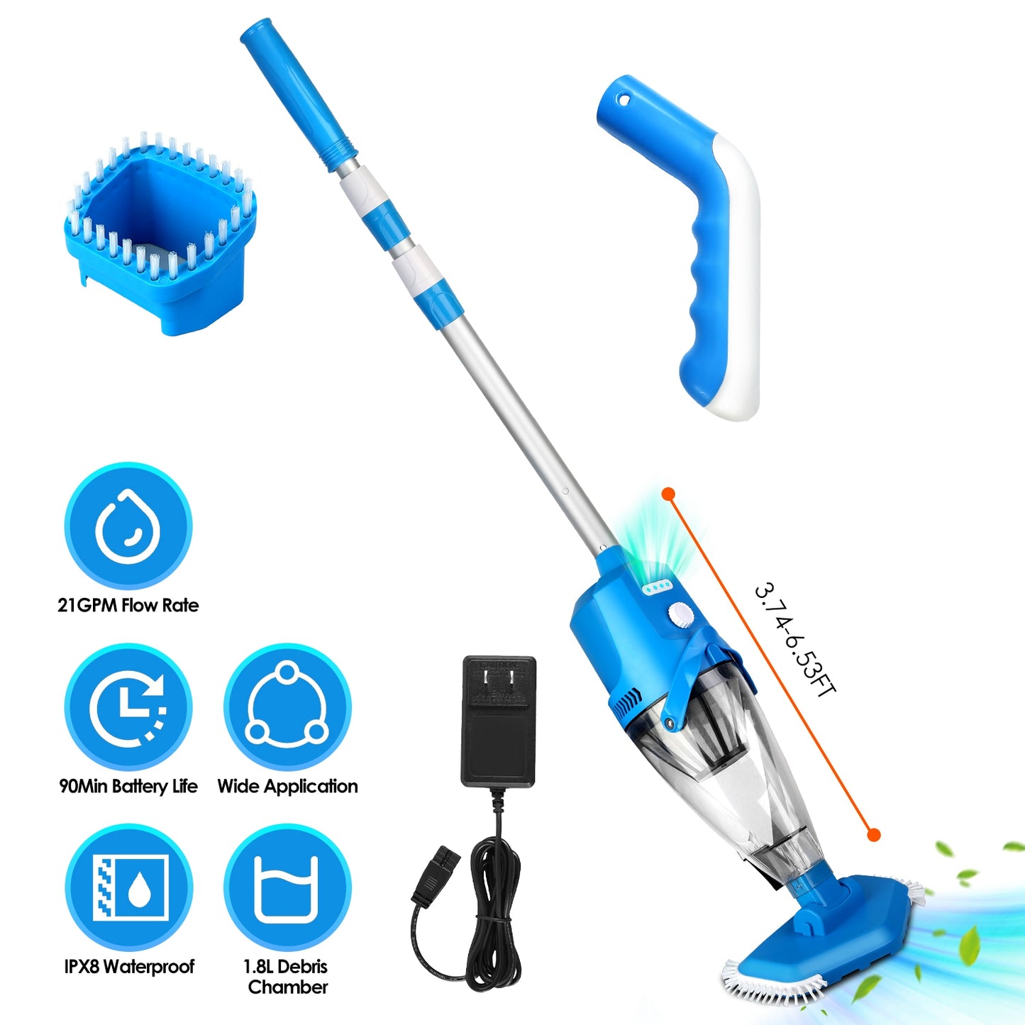 21GPM Cordless Pool Vacuum With Telescopic Pole Rechargeable Swimming Pool Cleaner with 1.8L Debris Chamber 90Mins Battery Life for In-ground Above-gr