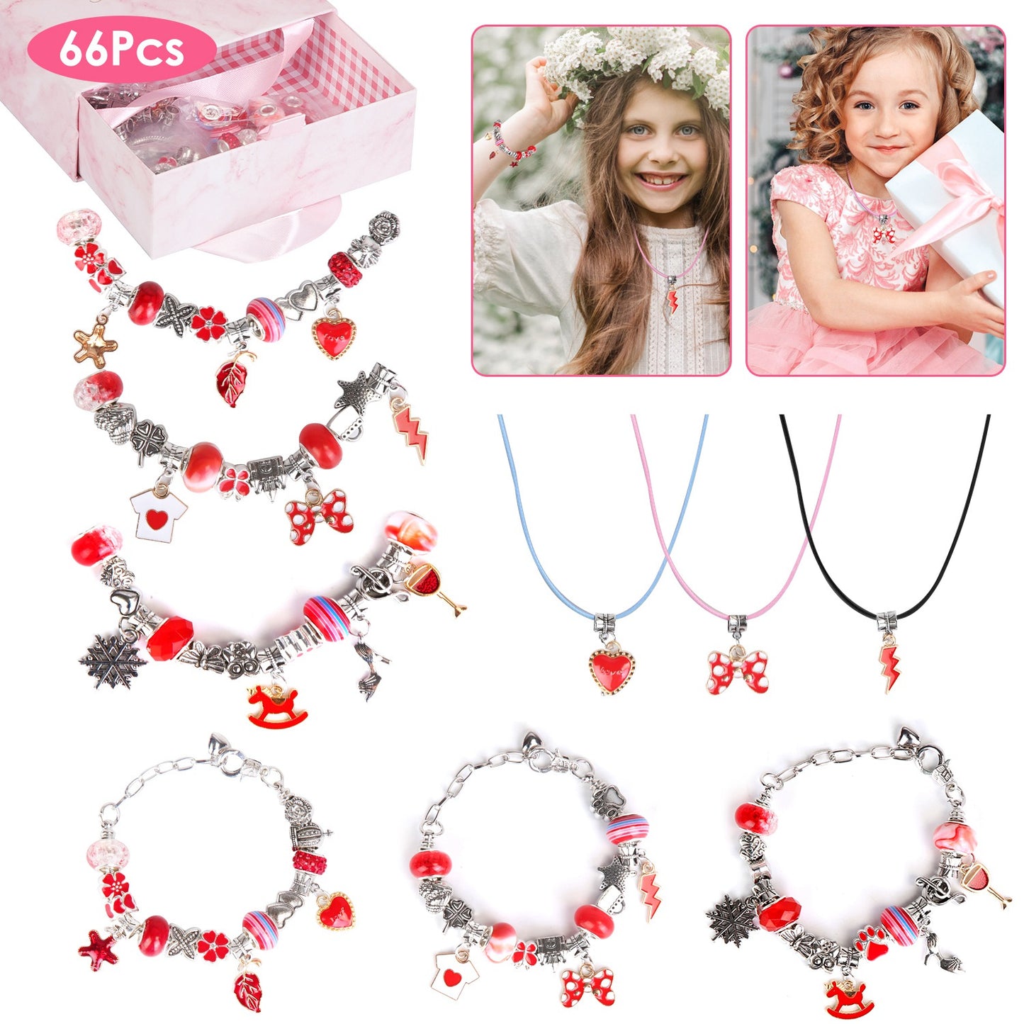 66Pcs Charm Bracelet Making Kit Kids\' Jewelry Necklace Making Kits Colorful DIY Charm Beads Pendant SetÊJewelry Decor Supplies with Gift Box for 5-12