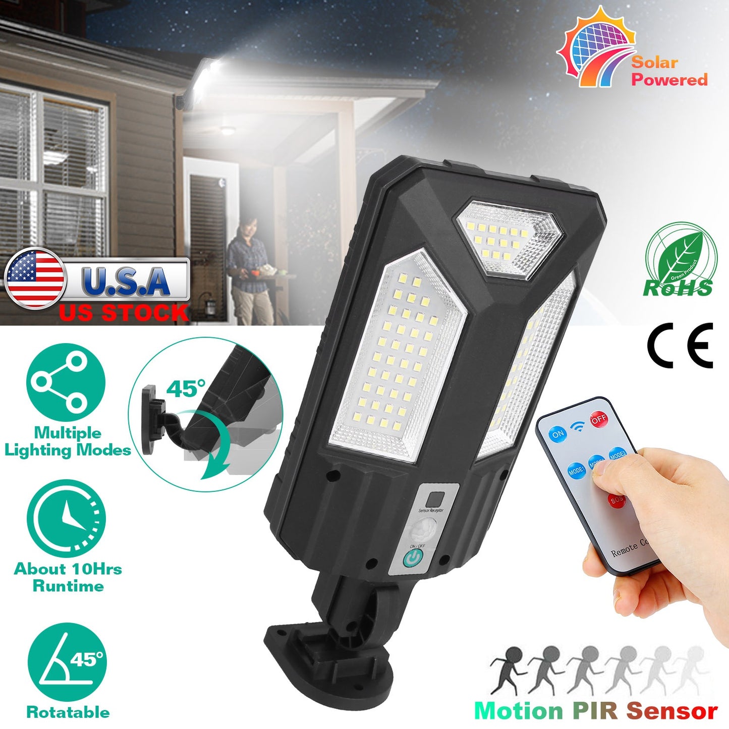 Solar Wall Light Outdoor 87 LED Beads PIR Motion Sensor Remote Control Wireless Lamps IP45 Waterproof Lighting for Garage Front Door Garden Pathway