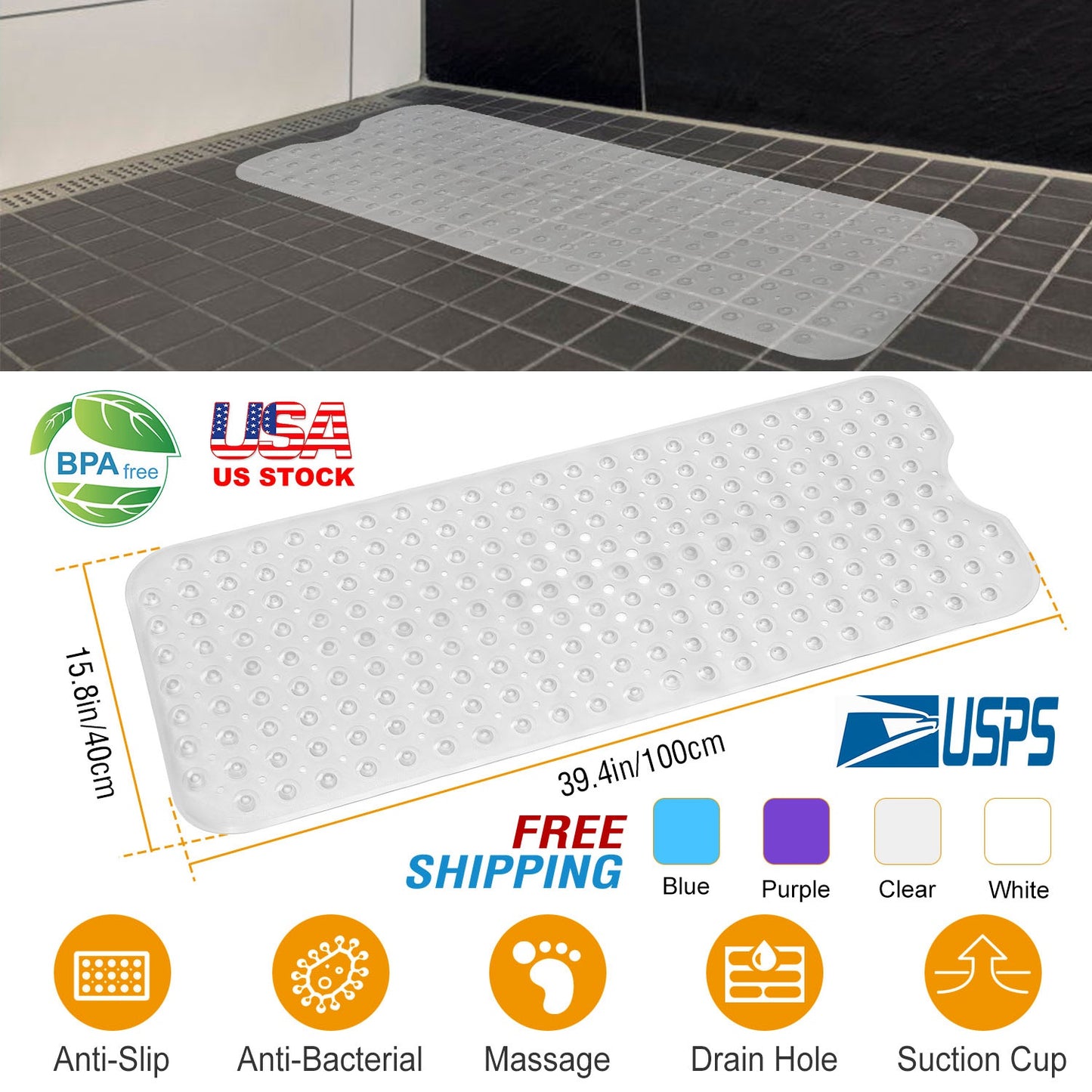 Bath Tub Mat Non-Slip Shower Mat BPA-Free Massage Anti-Bacterial with Suction Cups Washable for Bathroom Kitchen Pool